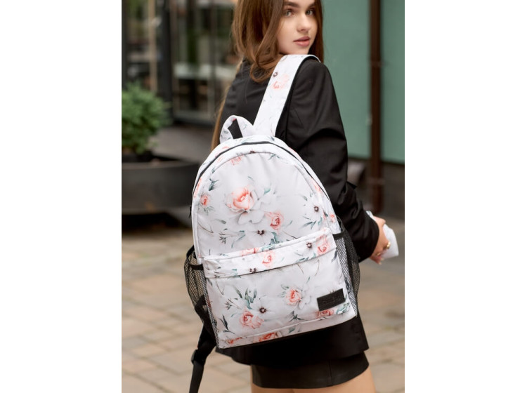 Жіночий рюкзак Sambag Brix PJT  з квітковим білим принтом 