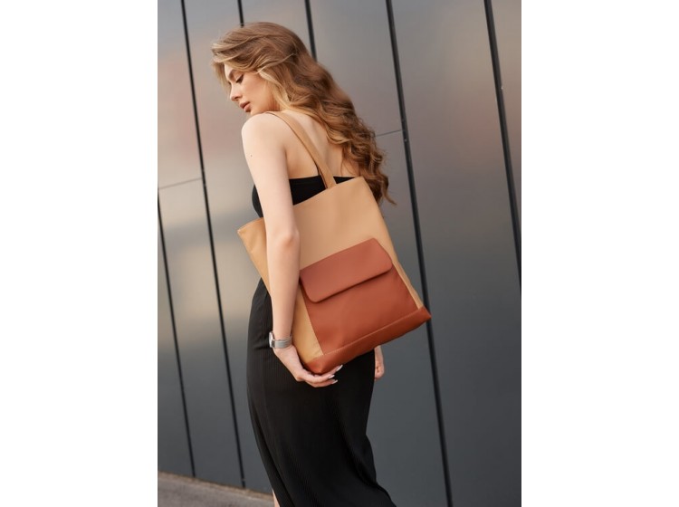 Женская сумка Sambag Шоппер Tote  бежевая с клапаном 