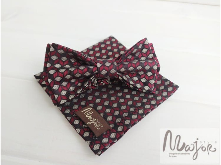 Бордово-черная галстук бабочка в ромбы ручной работы