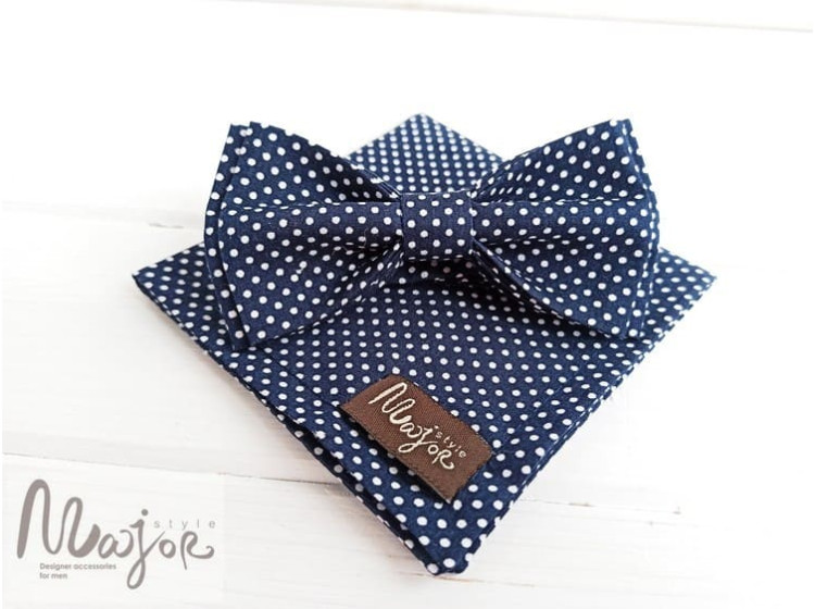 Темно-синяя галстук-бабочка в горошек ручной работы Major Style