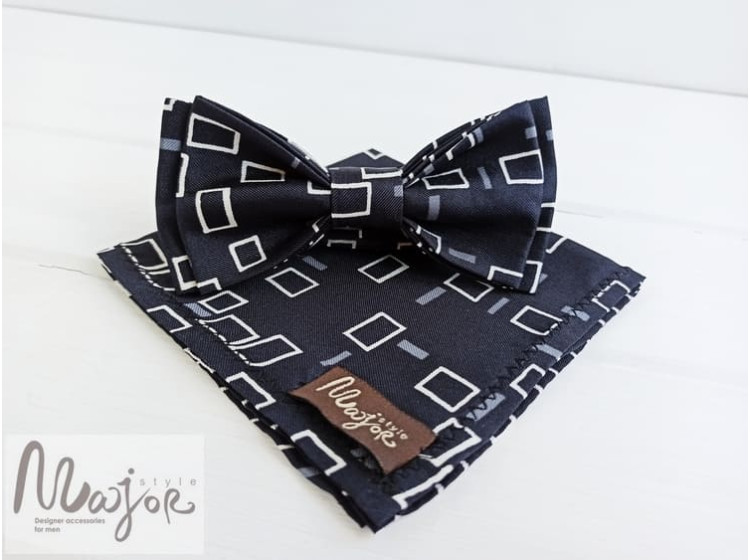 Шелковая галстук-бабочка черная с узором ручной работы Major Style