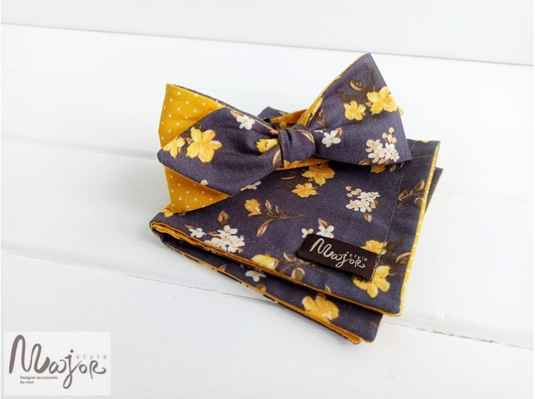 Двустороння краватка метелик самовяз сіра в квітковий принт ручної роботи Major Style