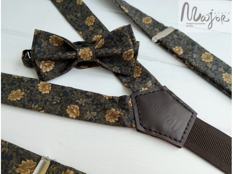 Синьо-коричневі підтяжки та метелик в квітки ручної роботи Major Style