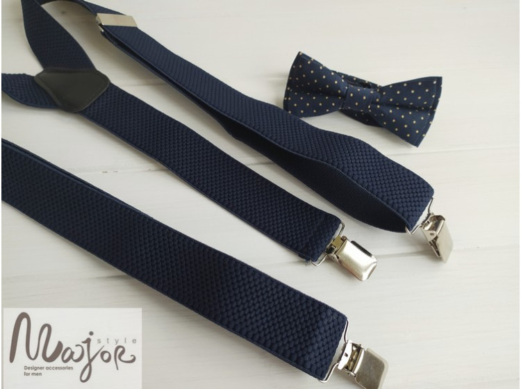 Подтяжки и галстук бабочка темно синие ручной работы
