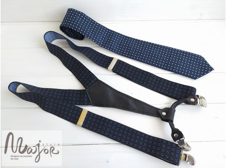 Темно-синий галстук с подтяжками в горошек ручной работы Major Style
