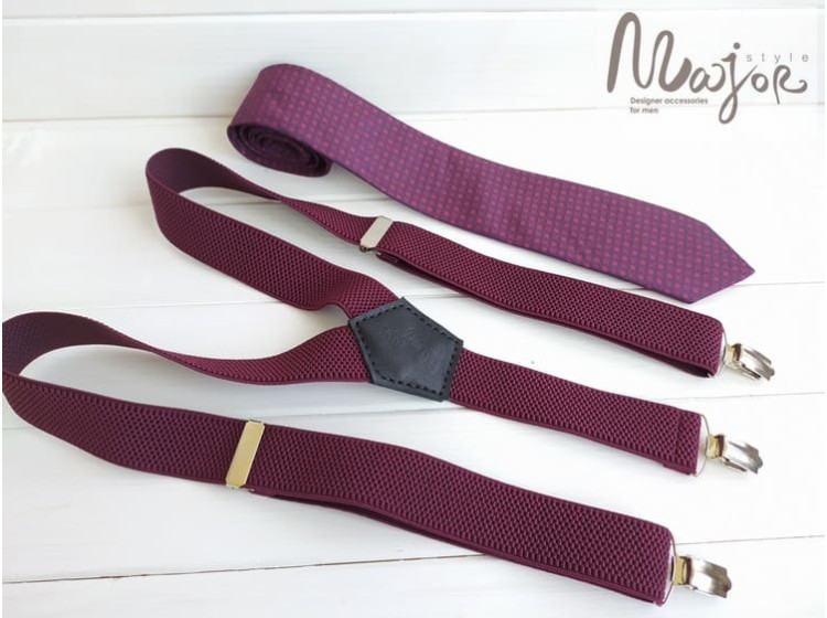 Фіолетова краватка з бордовими підтяжками ручної роботи Major Style