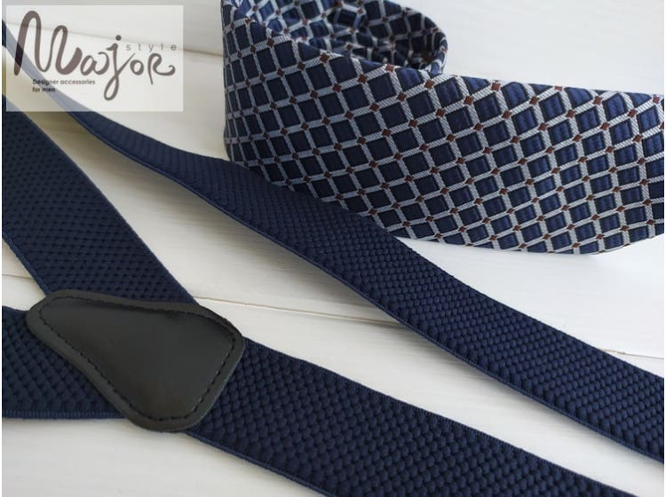 Темно-синие подтяжки и галстук в клетку ручной работы Major Style