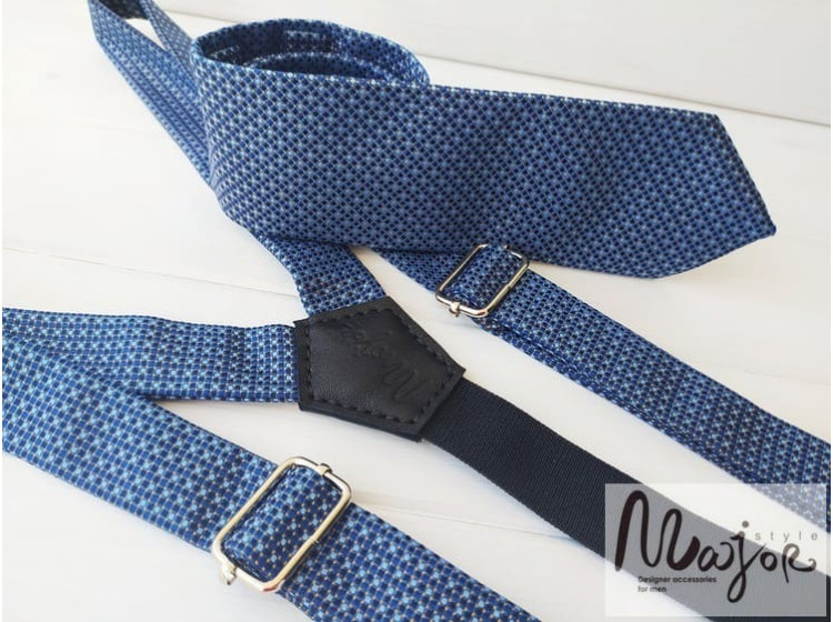 Сине-голубой галстук с подтяжками в горох ручной работы