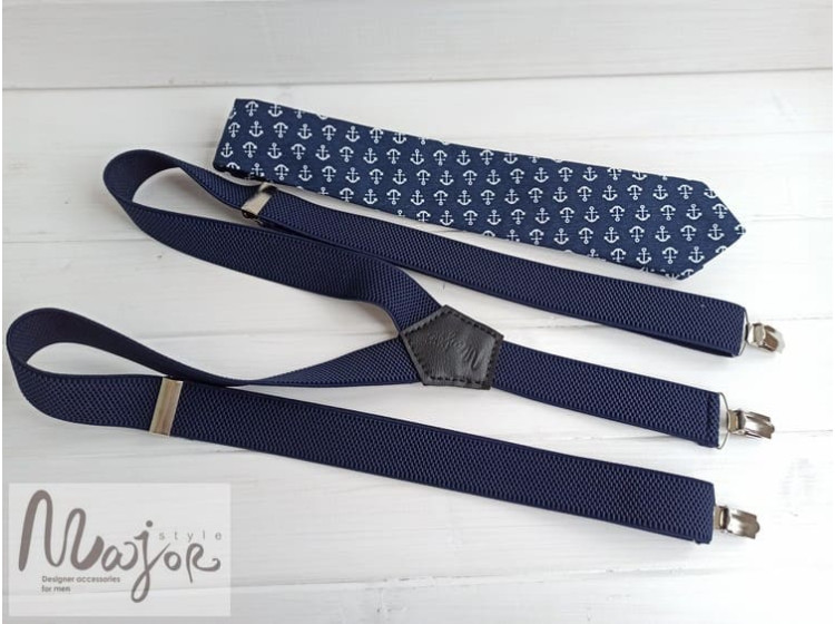 Темно-синий галстук с якорями и подтяжками ручной работы