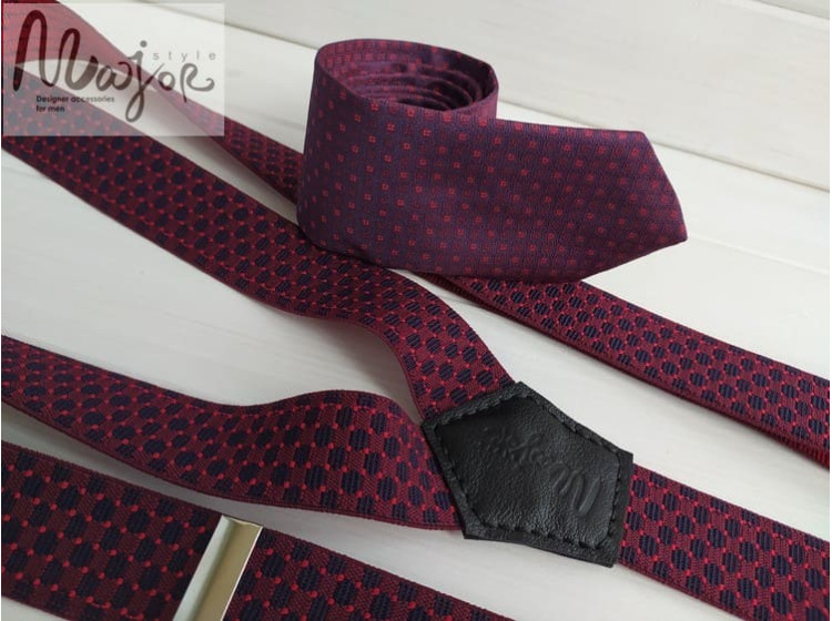 Бордово-синие подтяжки с фиолетовым галстуком ручной работы
