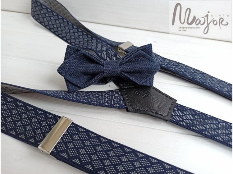 Сині підтяжки в клітинку і краватка-метелик ручної роботи Major Style