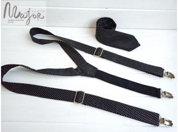 Черные подтяжки с галстуком в горошек
