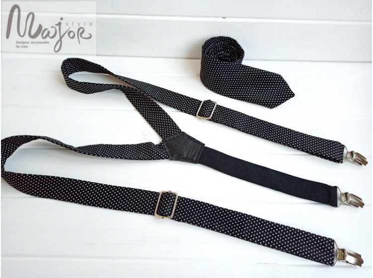 Черные подтяжки с галстуком в горошек ручной работы