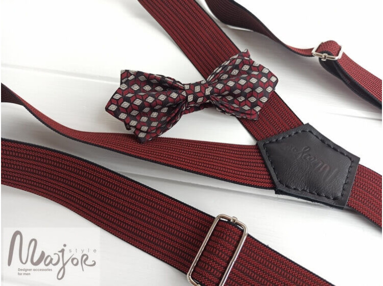 Чорно-червоні підтяжки і краватка метелик ручної роботи