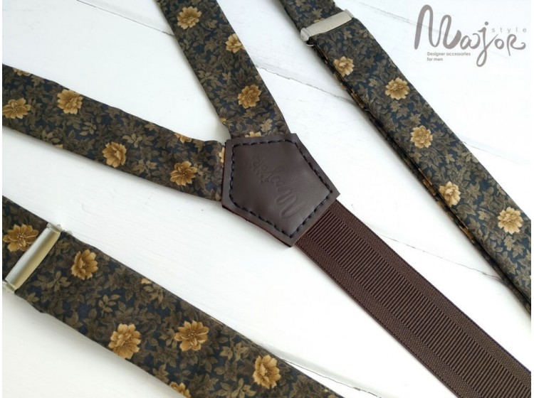Синьо-коричневі підтяжки в квітки ручної роботи Major Style