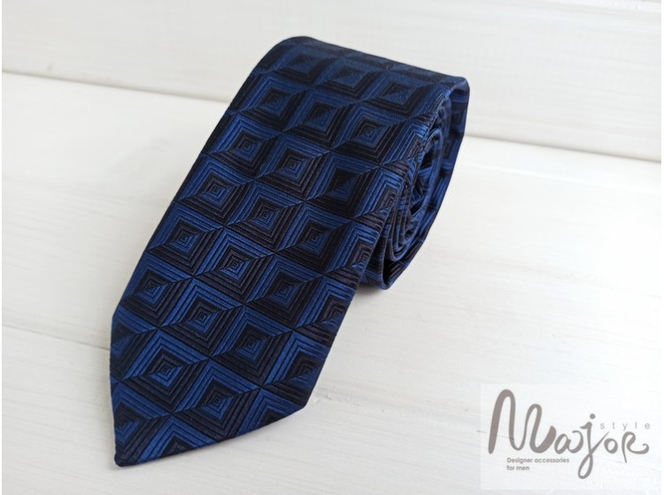 Шелковый галстук темно-синий в клетку ручной работы Major Style
