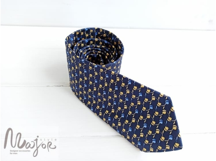 Шелковый галстук синий в желто-голубой узор ручной работы Major Style
