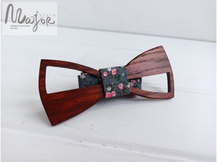 Метелик галстук дерев'яний сірі квіточки ручної роботи Major Style